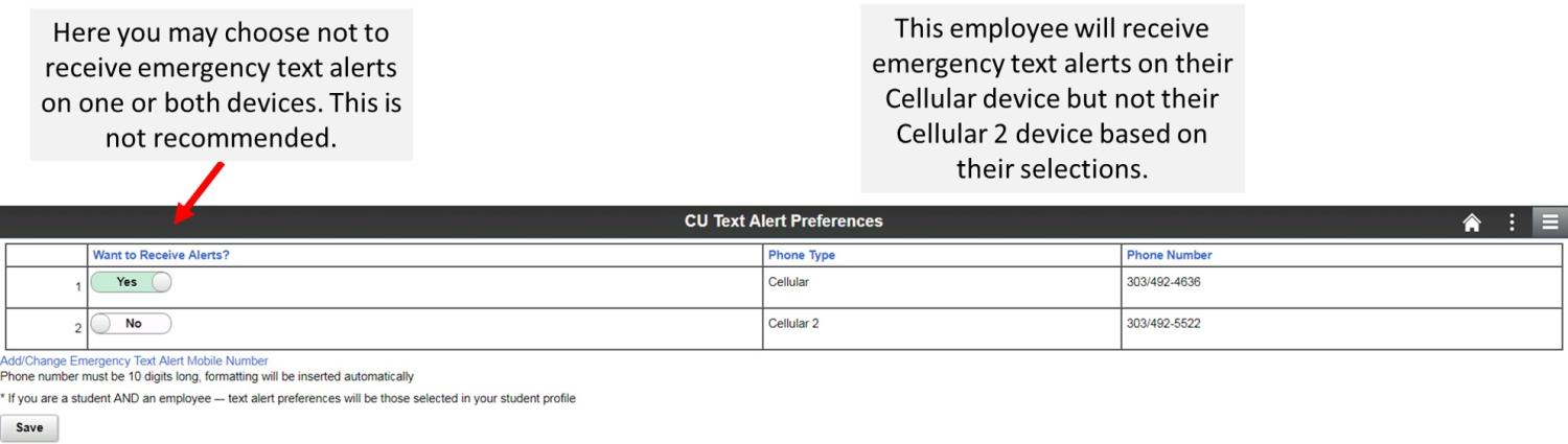 Screen capture showing CU Text Alert screen