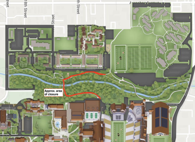 Map of Boulder Creek Path and Bridge closure